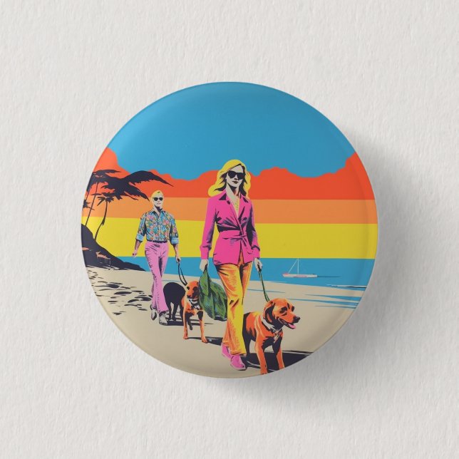 Popart style pin, button badge, beach dog walk (Front)