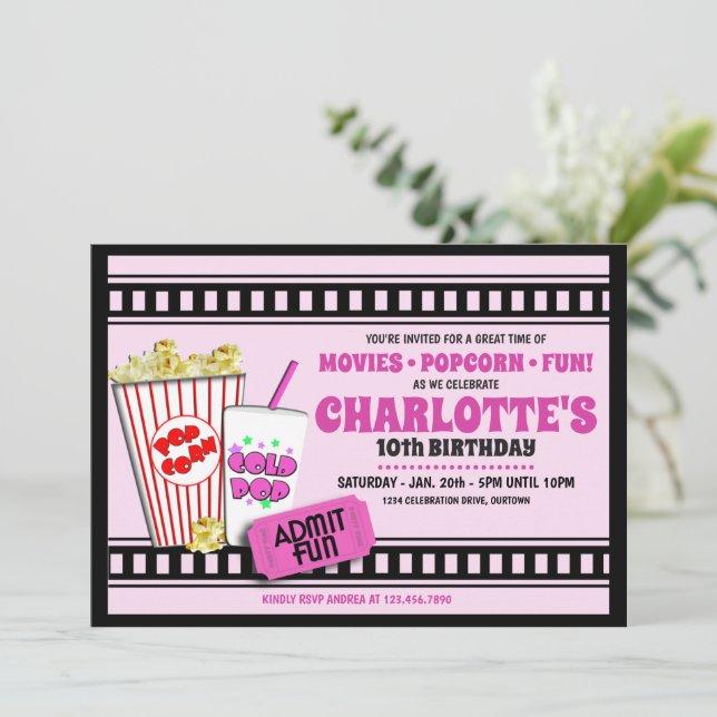 Popcorn and a Movie Birthday Party Invitation (Standing Front)