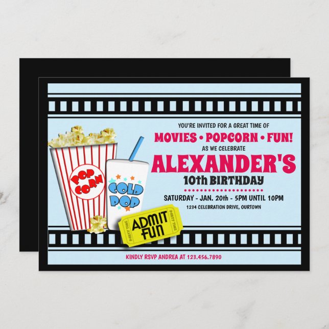 Popcorn and a Movie Birthday Party Invitation (Front/Back)