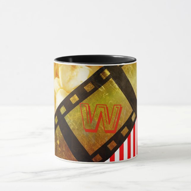 Popcorn and movie reel film gold black striped mug (Center)