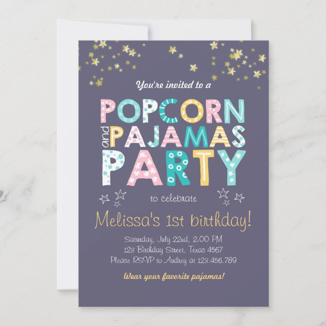 Popcorn and Pyjamas birthday invitation Sleepover (Front)