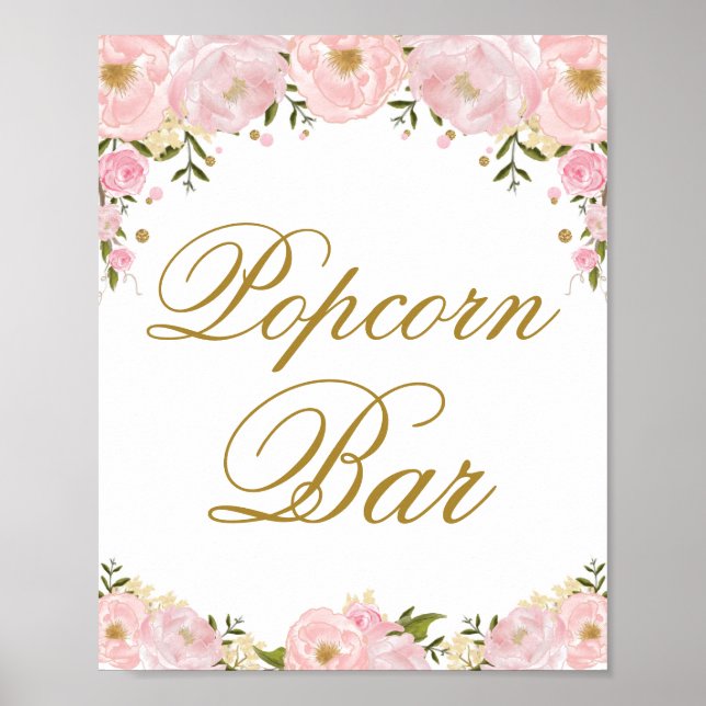 Popcorn Bar Pink Floral Wedding Favour Sign (Front)