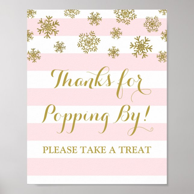 Popcorn Bar Sign Pink Stripes Gold Snowflakes (Front)