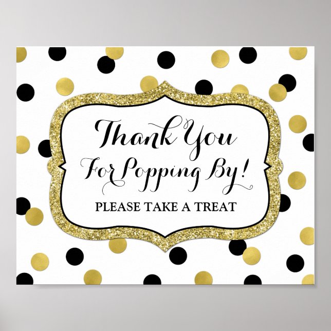 Popcorn Bar Sign White Black Gold Confetti (Front)