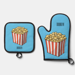 Popcorn cartoon illustration oven mitt & pot holder set