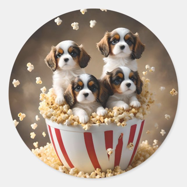 Popcorn Cavalier Spaniel Puppies, Classic Round Sticker (Front)