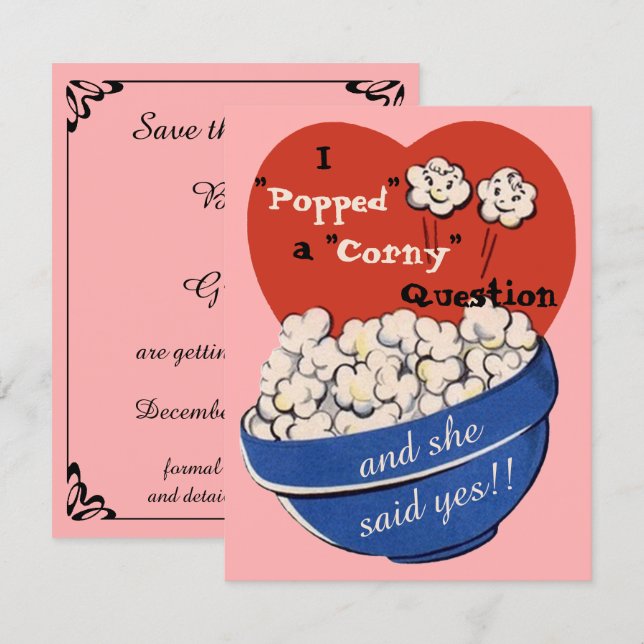 Popcorn Corny Question, Cute Retro Save the Date Invitation (Front/Back)