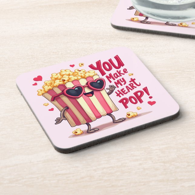 Popcorn Heart Pop Valentine Design Coaster (Left Side)