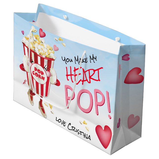 Popcorn Love Funny Pun Large Gift Bag (Front Angled)