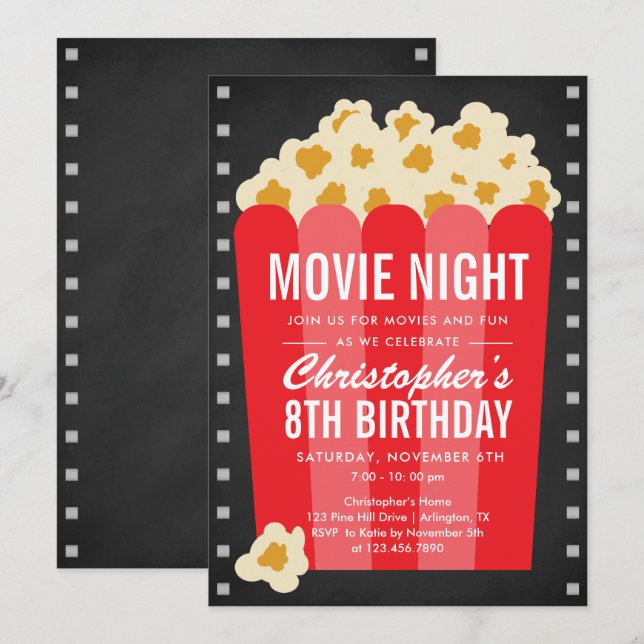 Popcorn Movie Night Birthday Party Invite (Front/Back)