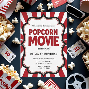 Popcorn Movie Night Birthday   Red  Theatre Party  Invitation