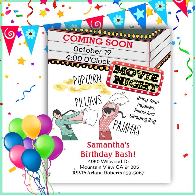Popcorn Pillows Pyjamas Girl Movie Night Birthday  Invitation (Creator Uploaded)