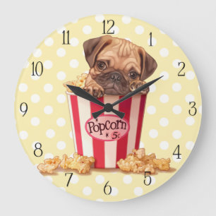Popcorn pug puppy large clock