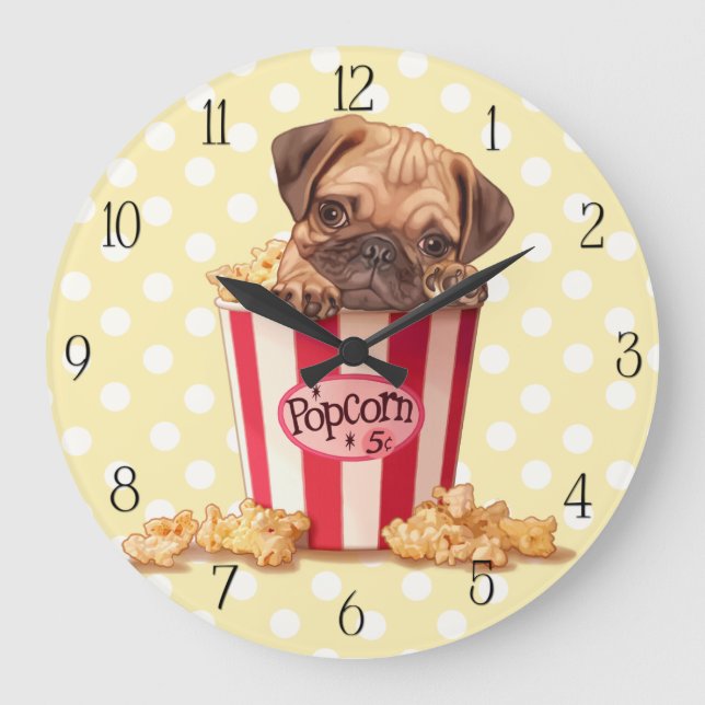 Popcorn pug puppy large clock (Front)
