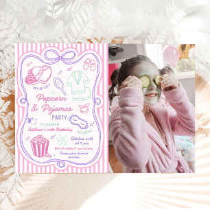 Popcorn Pyjamas Sleepover Slumber Birthday Photo Invitation