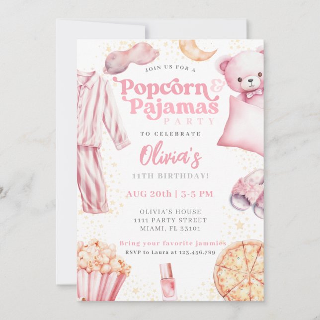 Popcorn Pyjamas Sleepover Slumber Party Birthday Invitation (Front)