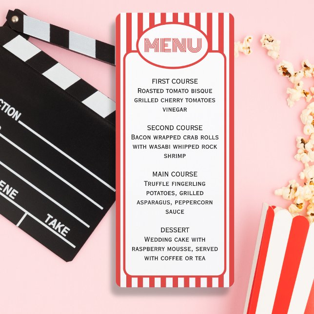 Popcorn Red and White Striped Movie Theme Party  Menu (Creator Uploaded)