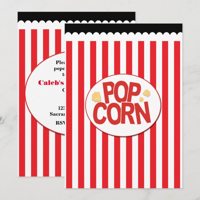 Popcorn Red & White Stripe Movie Party Invitations (Front/Back)