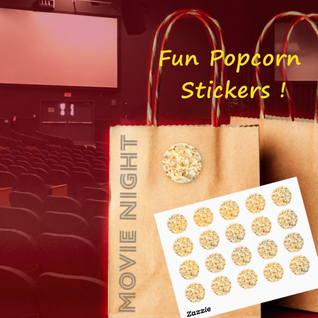 Popcorn stickers, sheet classic round sticker (Popcorn stickers for movie night, circus party and more)
