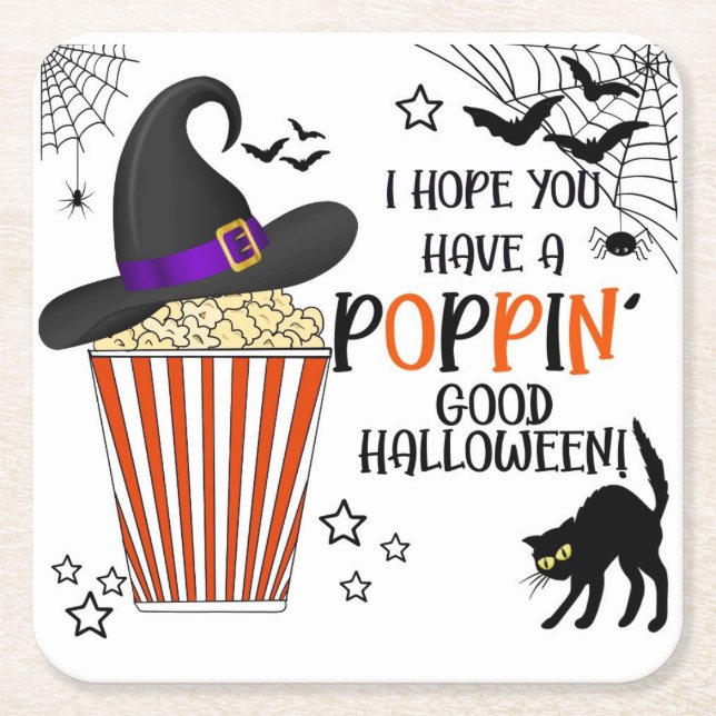Popcorn trick or treat square sticker paper coaster (Front)