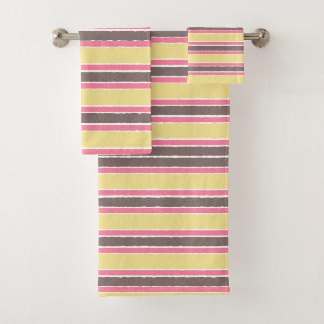 Popcorn Yellow Bubblegum Pink Coffee Brown Stripes Bath Towel Set (Insitu)