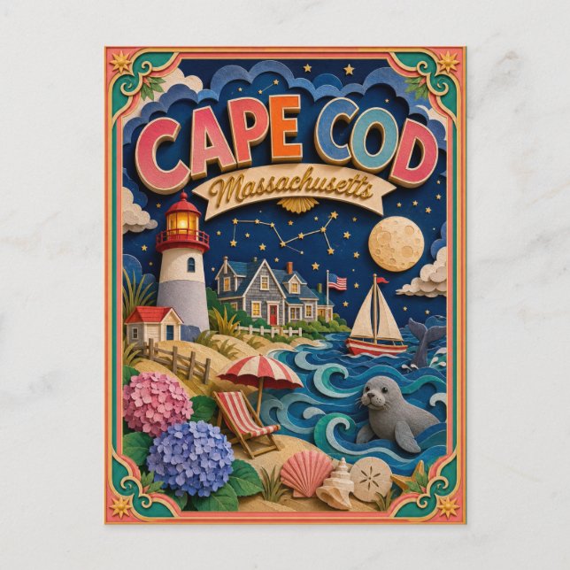PopCut States Cape Cod Massachusetts Paper Art Postcard (Front)