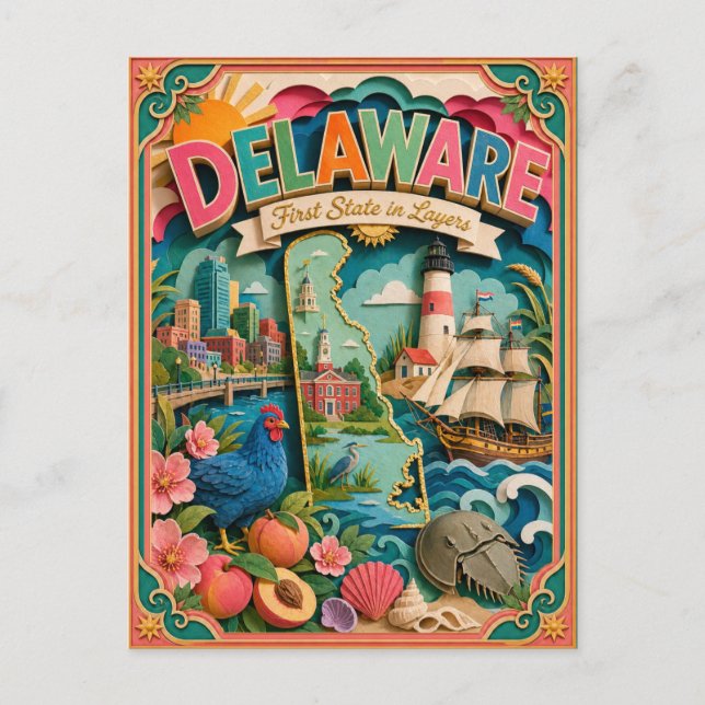 PopCut States Delaware Colourful 3D Paper Art Postcard (Front)