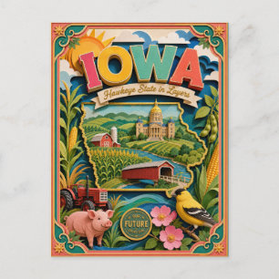 PopCut States Iowa Colourful 3D Paper Art Postcard