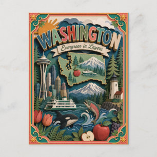 PopCut States Washington Colourful 3D Paper Art Postcard