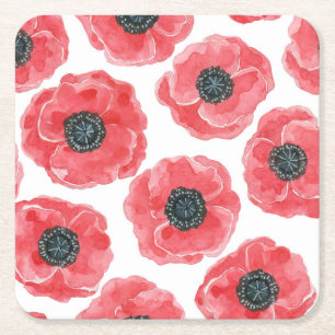 Popies watercolor square paper coaster