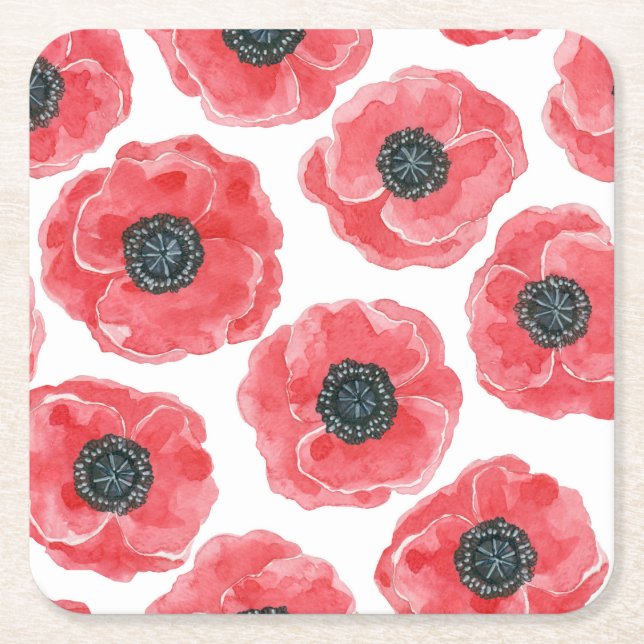 Popies watercolor square paper coaster (Front)