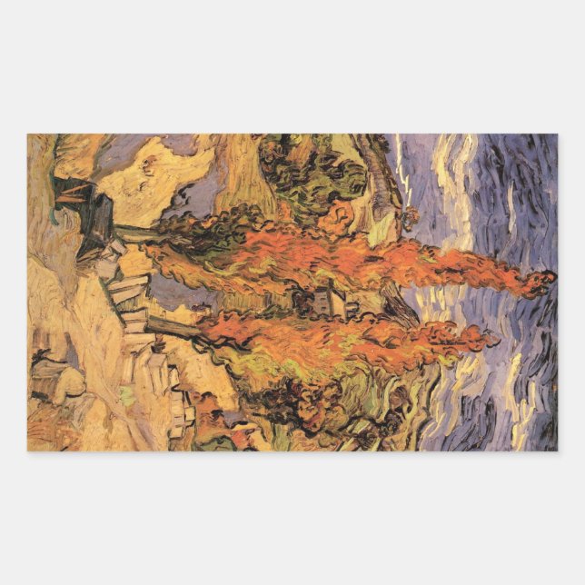 Poplars on Road Through Hills by Vincent van Gogh Rectangular Sticker (Front)