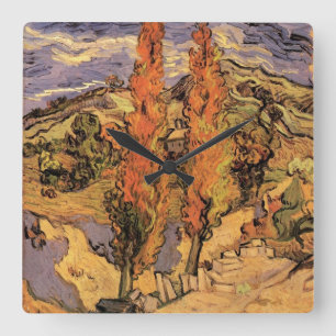 Poplars on Road Through Hills by Vincent van Gogh Square Wall Clock