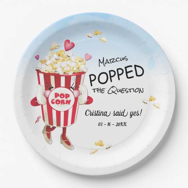 Popped The Question Popcorn Engagement Paper Plate (Front)