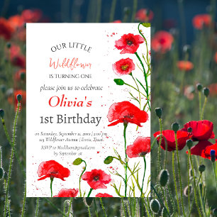 Poppies 1st First Birthday Girl Red Floral Invitation
