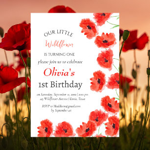 Poppies 1st First Birthday Girl Red Floral  Invitation