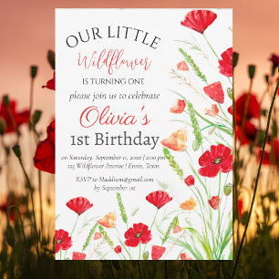 Poppies 1st First Birthday Girl Red Floral  Invitation