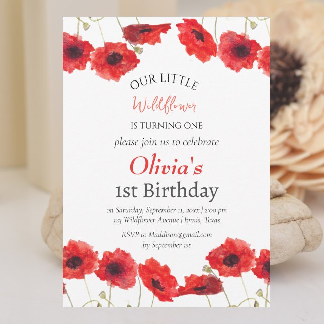 Poppies 1st First Birthday Girl Red Floral  Invitation (Creator Uploaded)
