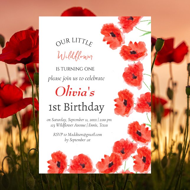 Poppies 1st First Birthday Girl Red Floral  Invitation (Creator Uploaded)