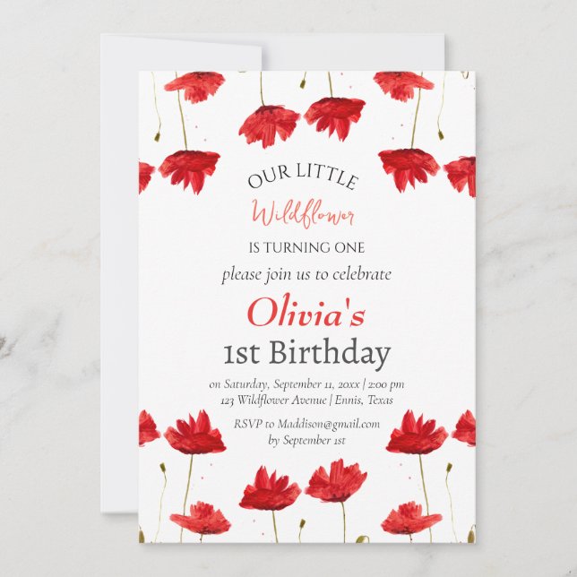 Poppies 1st First Birthday Girl Red Floral  Invitation (Front)