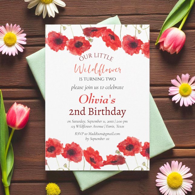 Poppies 2nd Second Birthday Girl Red Floral  Invitation (Creator Uploaded)