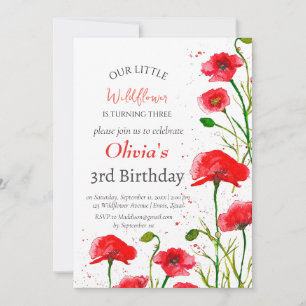 Poppies 3rd Third Birthday Girl Red Floral Invitation