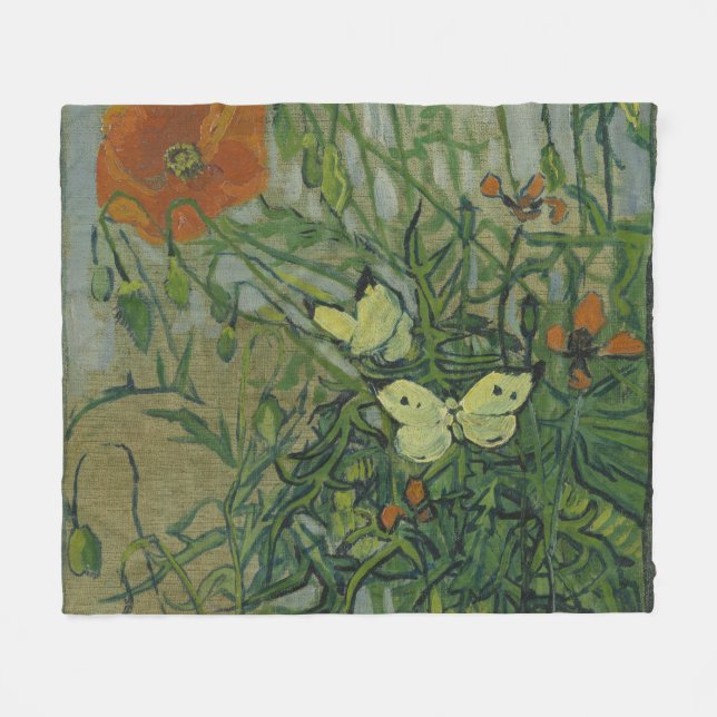 Poppies and Butterflies by Vincent Van Gogh  Fleece Blanket (Front (Horizontal))