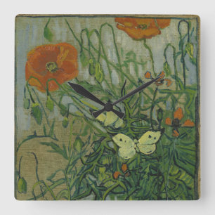 Poppies and Butterflies by Vincent Van Gogh  Square Wall Clock