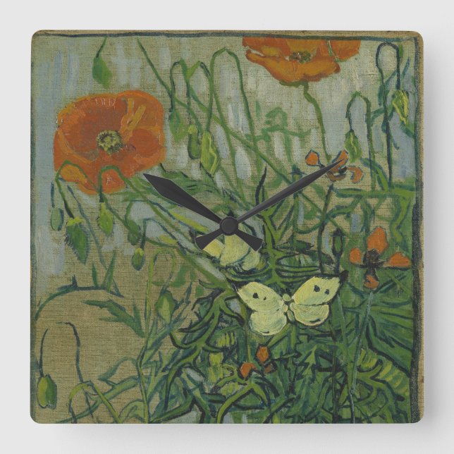 Poppies and Butterflies by Vincent Van Gogh  Square Wall Clock (Front)