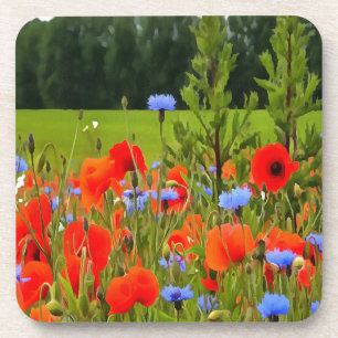 Poppies And Cornflowers Realistic Landscape Art Coaster