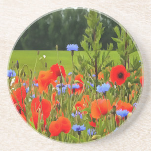 Poppies And Cornflowers Realistic Landscape Art Coaster