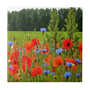 Poppies And Cornflowers Realistic Landscape Art Tile