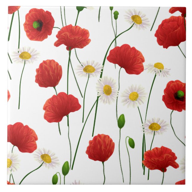 Poppies and daisies ceramic tile (Front)