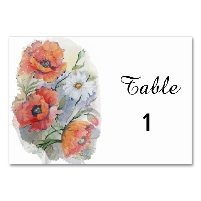 Poppies and daisy floral table number (Front)